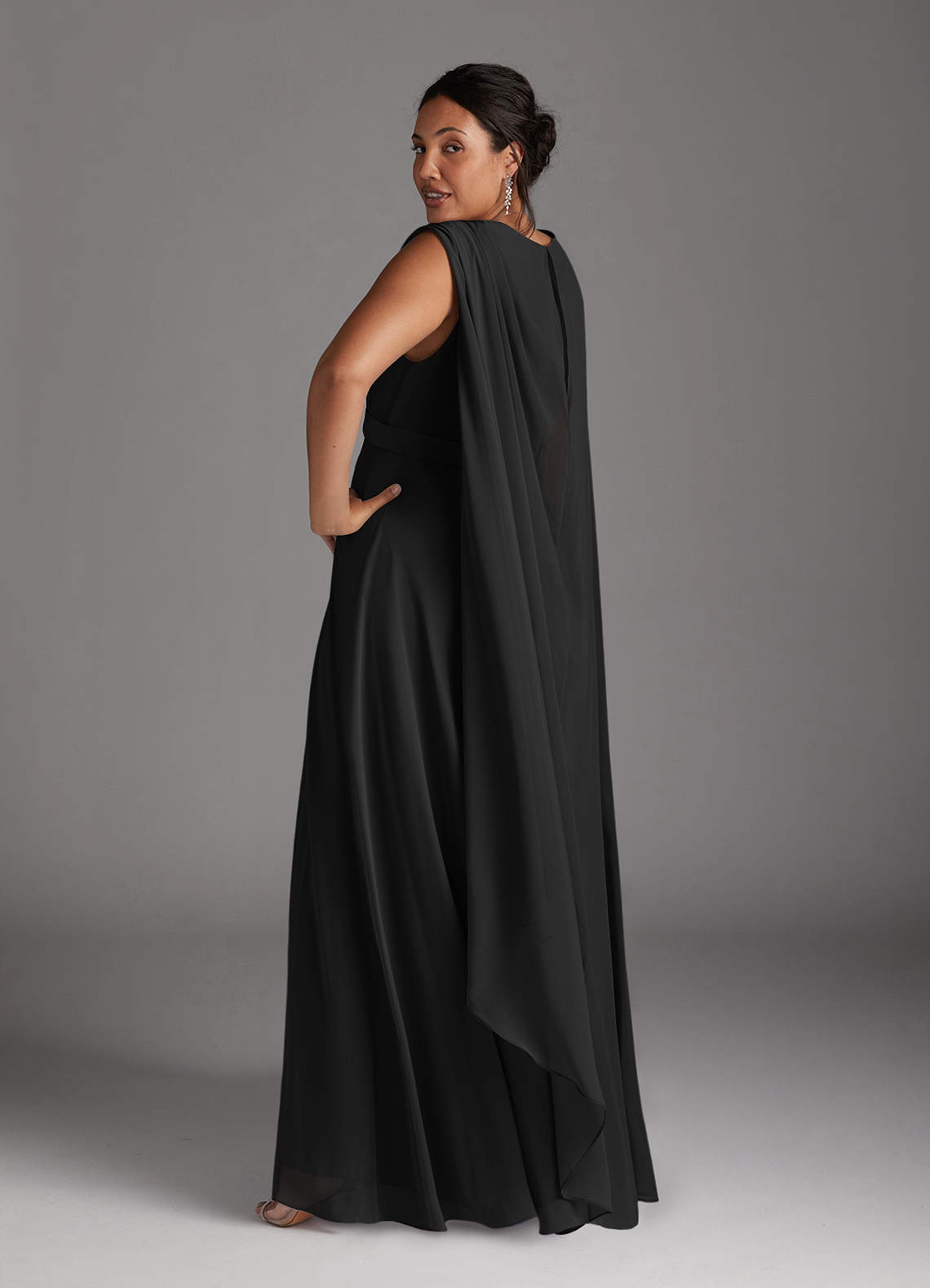 Black A-Line V-Neck Pleated Chiffon Dress