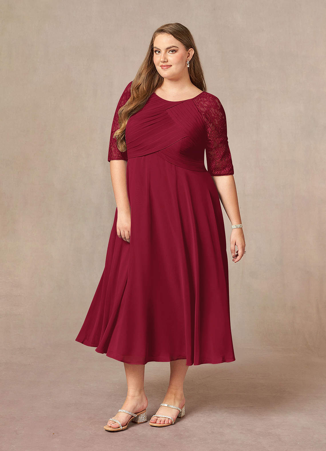 Burgundy A-Line Scoop lace Chiffon Dress