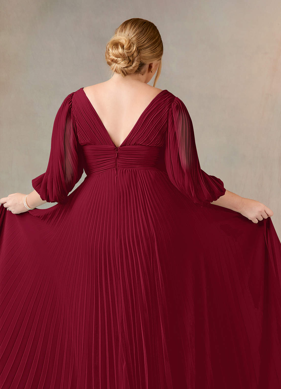 Burgundy A-Line V-Neck Pleated Chiffon Dress