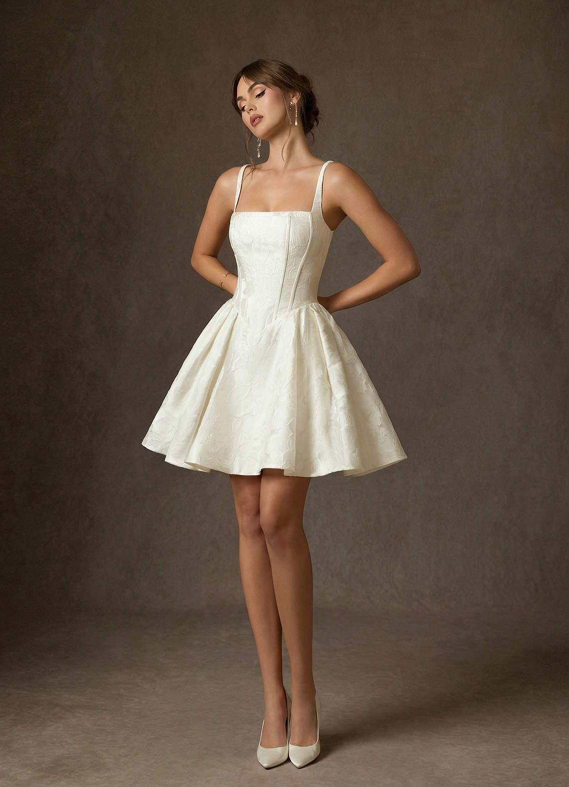 Antique White A-Line with Pockets Floral Jacquard Dress