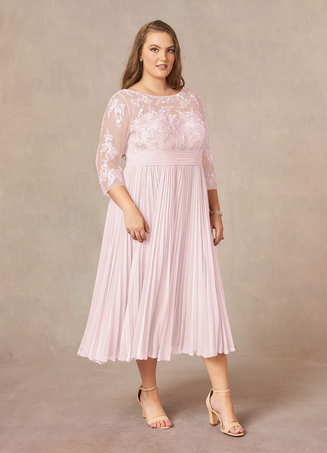 Blushing Pink A-Line Boatneck Lace Chiffon Dress