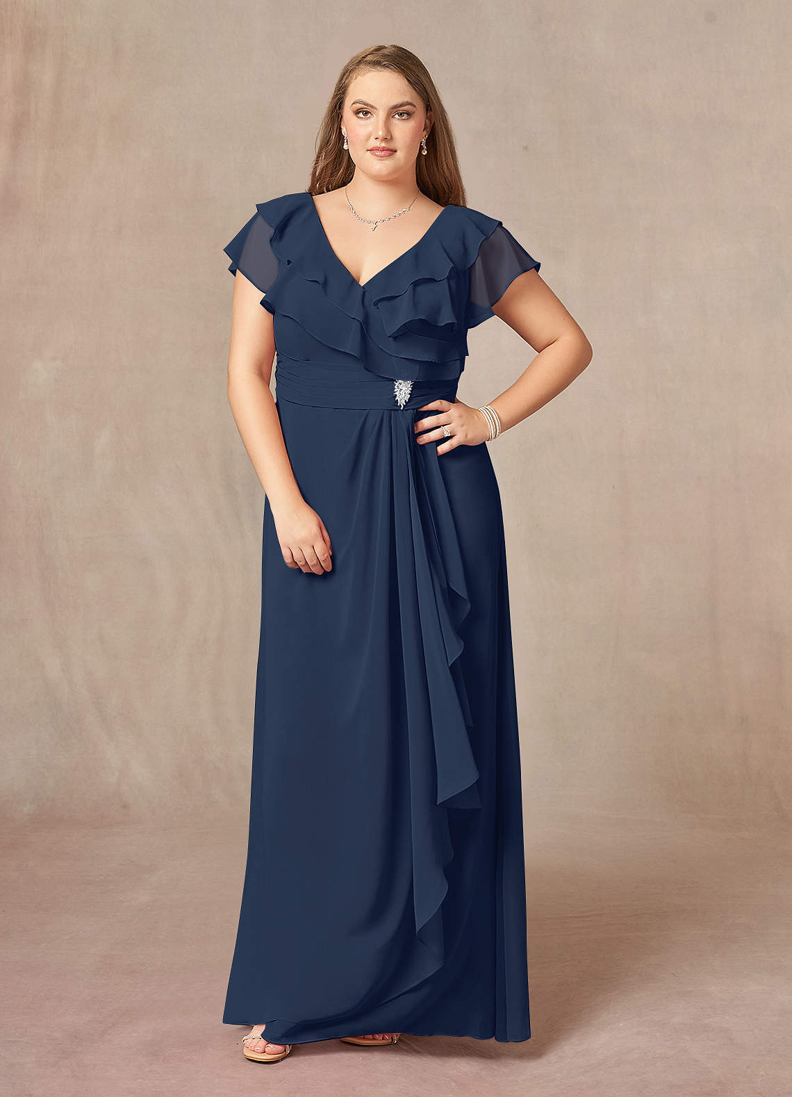 Dark Navy A-Line V-Neck Ruched Chiffon Dress