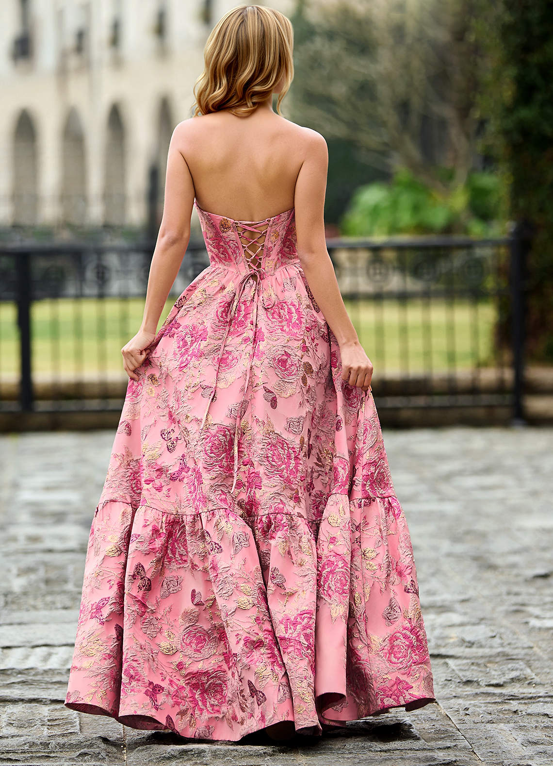 Rosemarnder Rose Pink Jacquard Flowers Prom Dress
