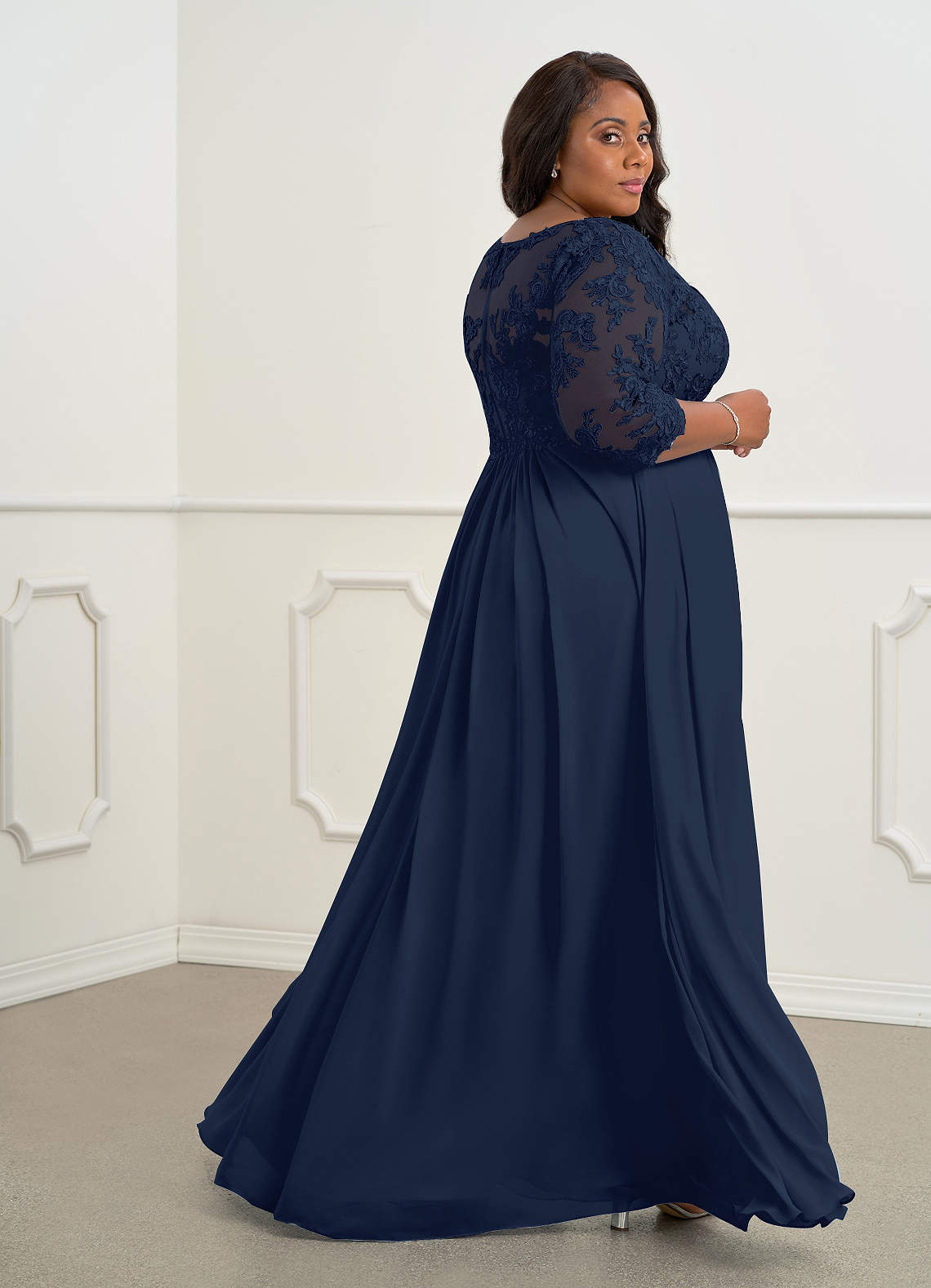 Dark Navy A-Line V-Neck Lace Chiffon Dress