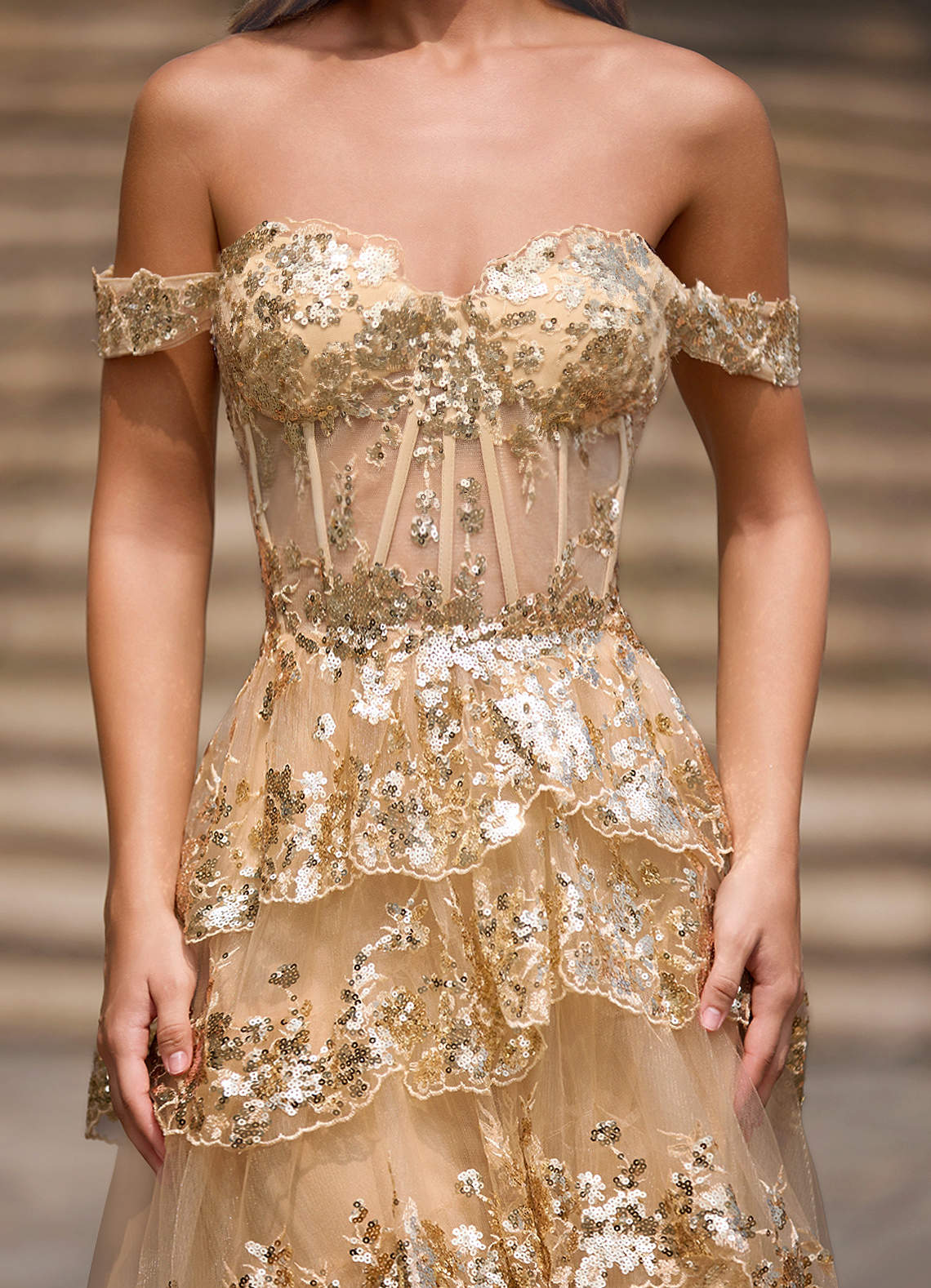 Glitz Champagne Ruffled A-Line Prom Dress Dress