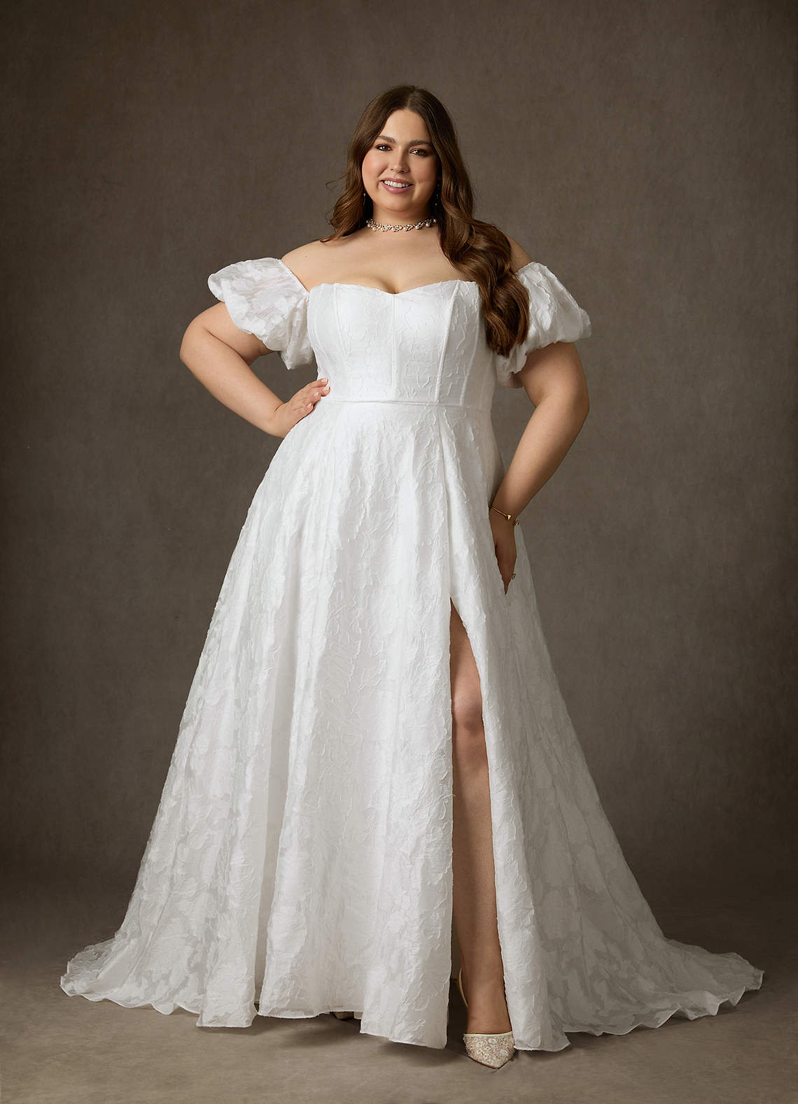 Diamond White Ball-Gown Sweetheart Neckline Floral Burnout Jacquard Dress
