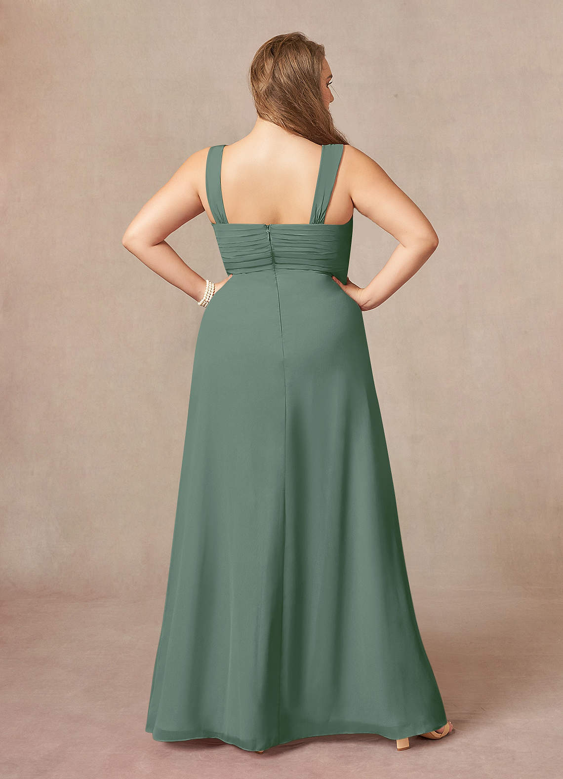 Eucalyptus A-Line Square Neckline Pleated Chiffon Dress