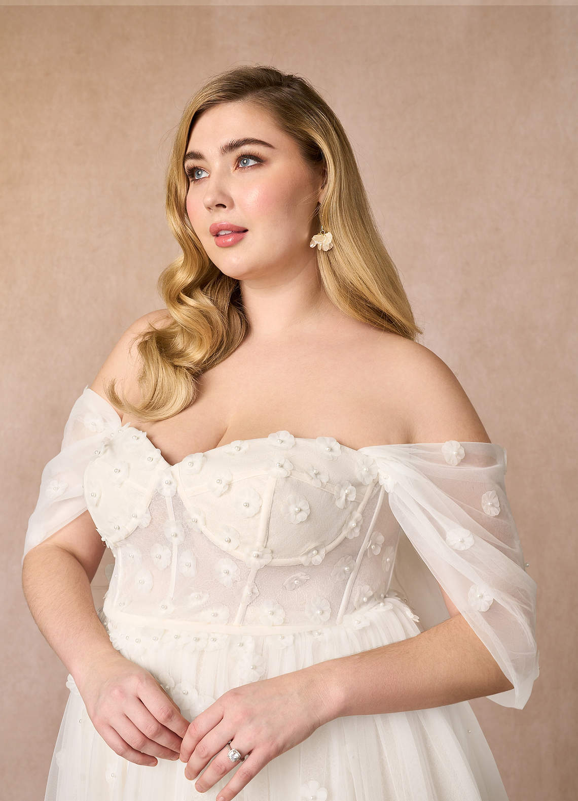 Diamond White Champagne A-Line Off the Shoulder Tulle Dress