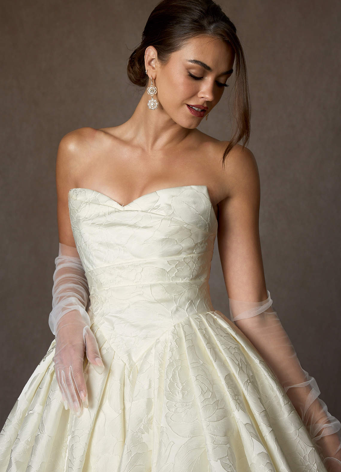 Antique White Ball-Gown Strapless Floral Jacquard Dress