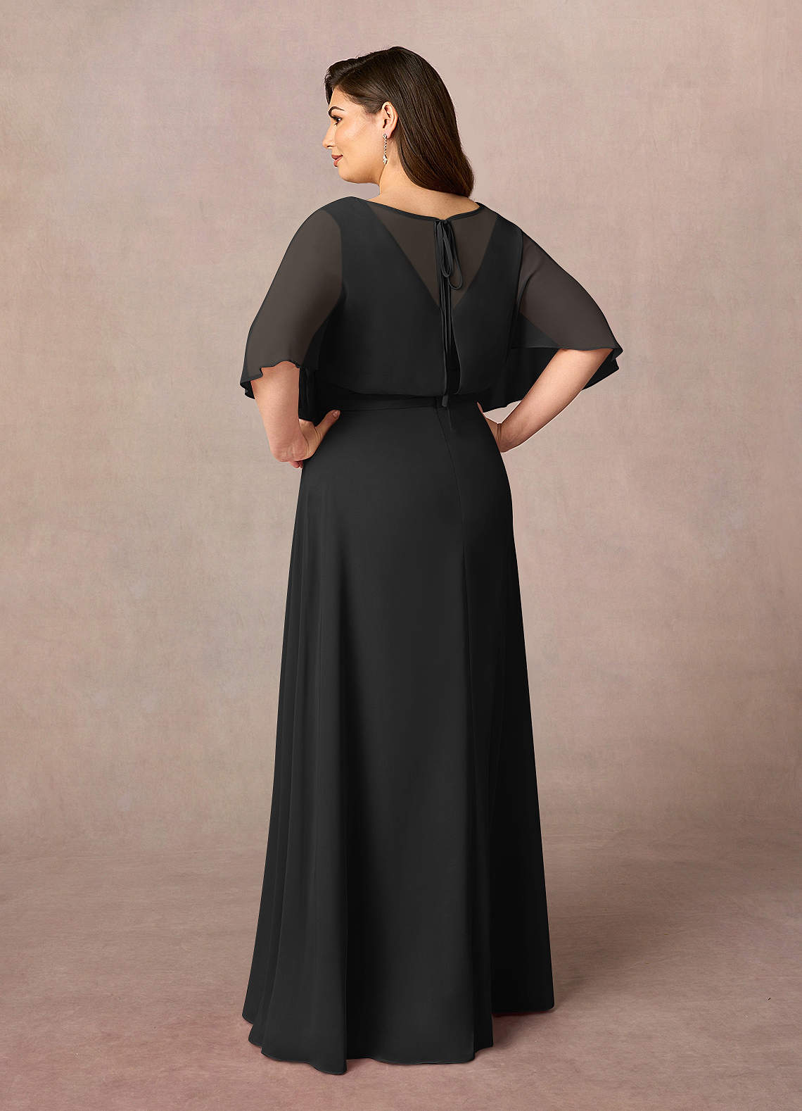 Black A-Line V-Neck Pleated Chiffon Dress