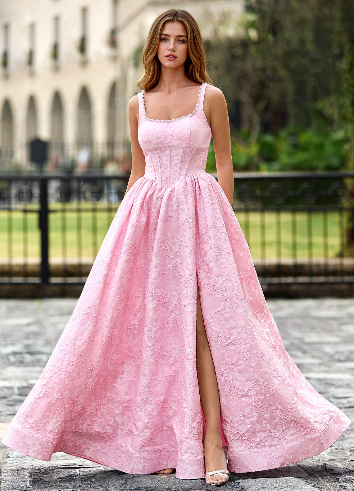 Thyme Pink A-Line 3D Flowers Prom Dress