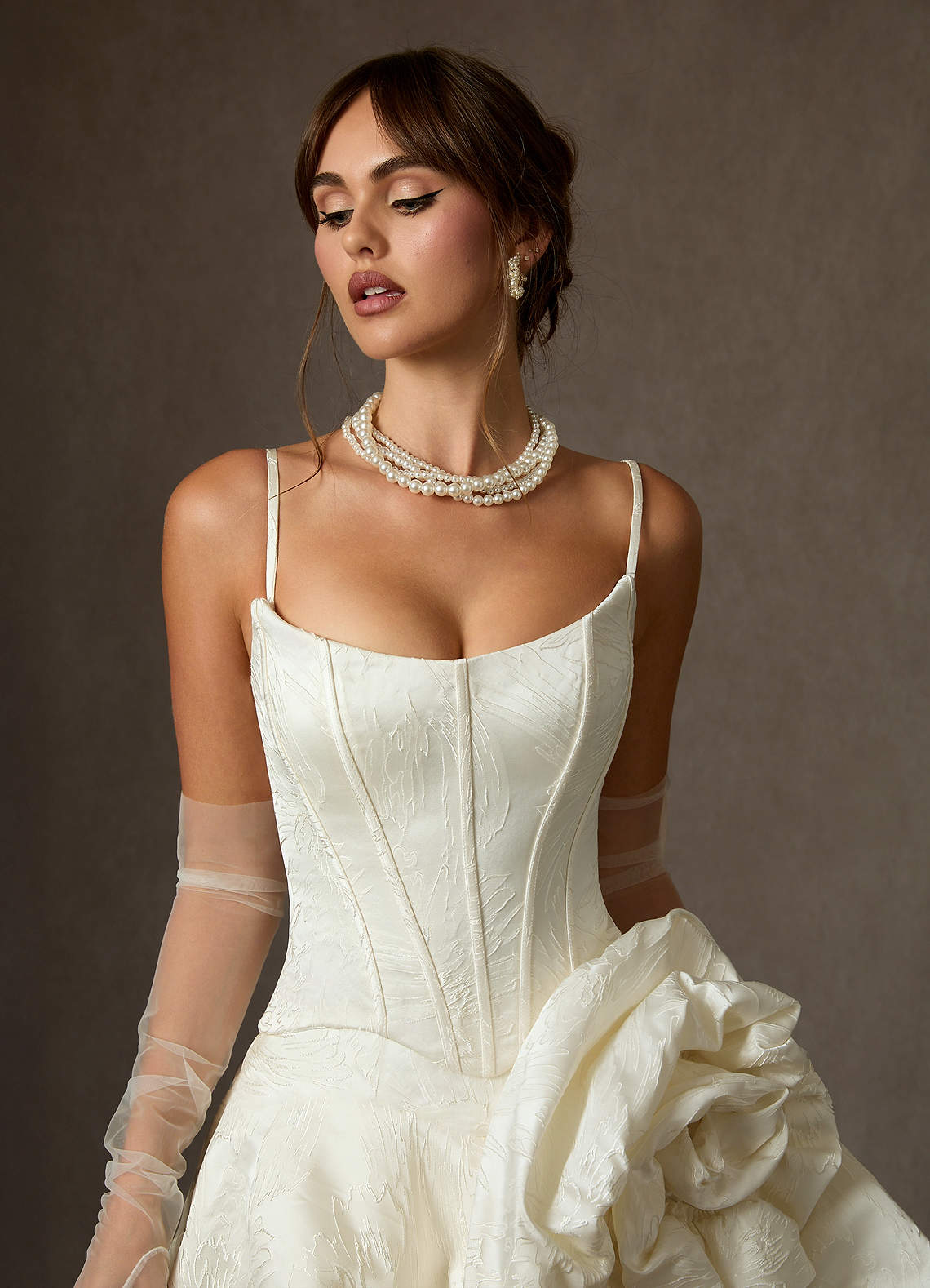 Antique White Ball-Gown Strapless Floral Jacquard Dress