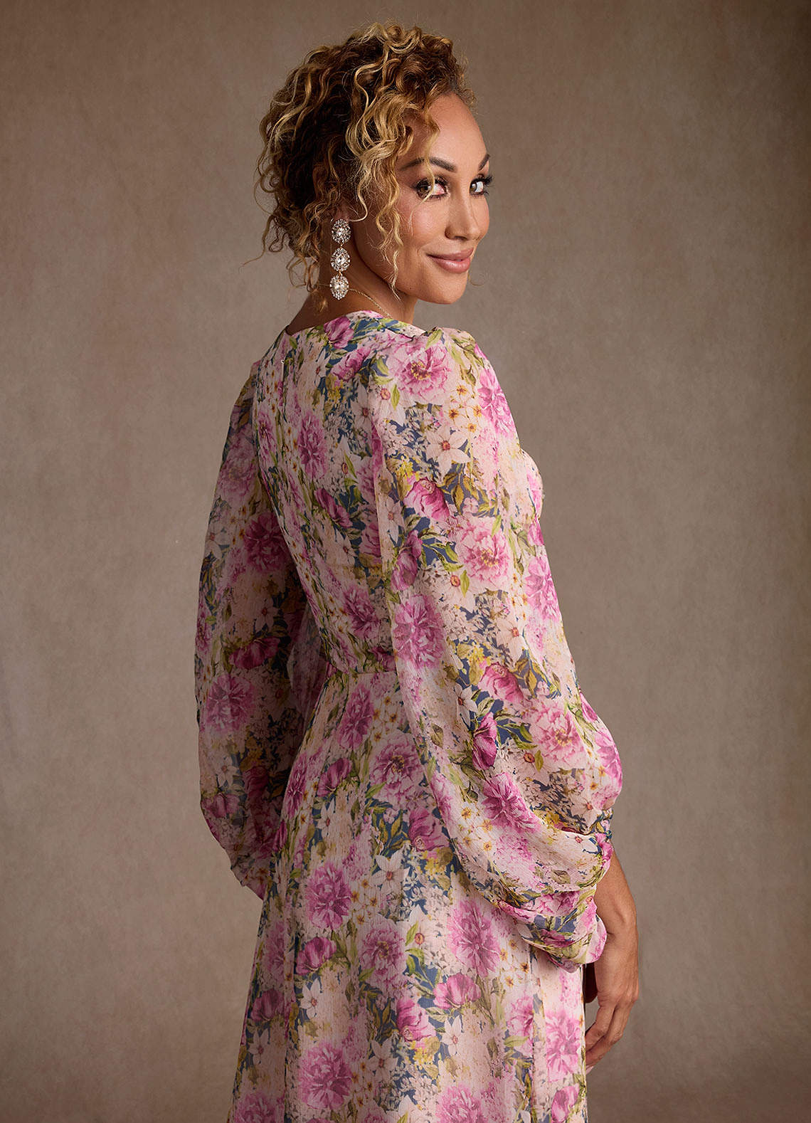 Lavender Floral A-Line Pleated Chiffon Dress