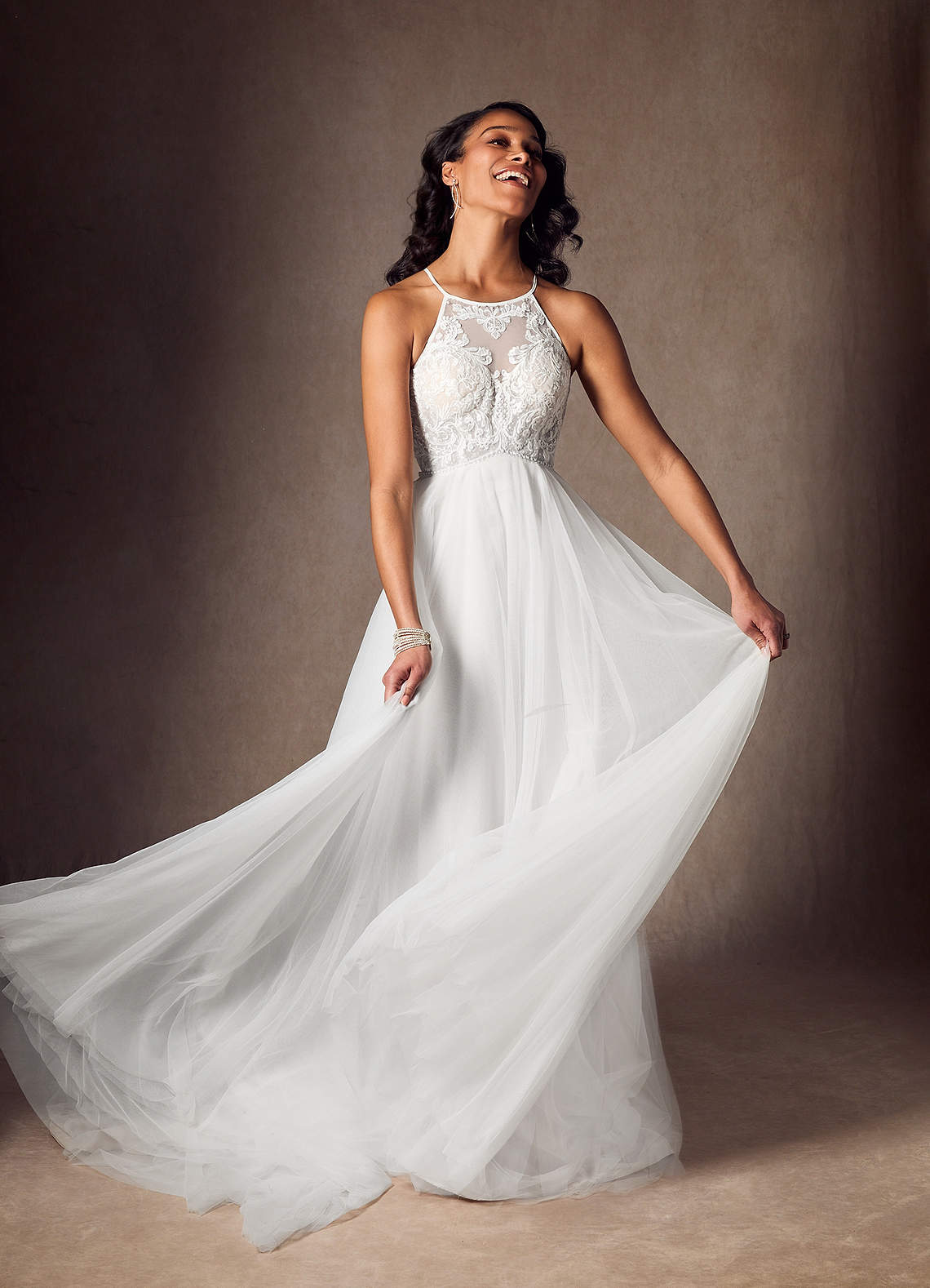 Diamond White A-Line Halter Sequins Tulle Dress