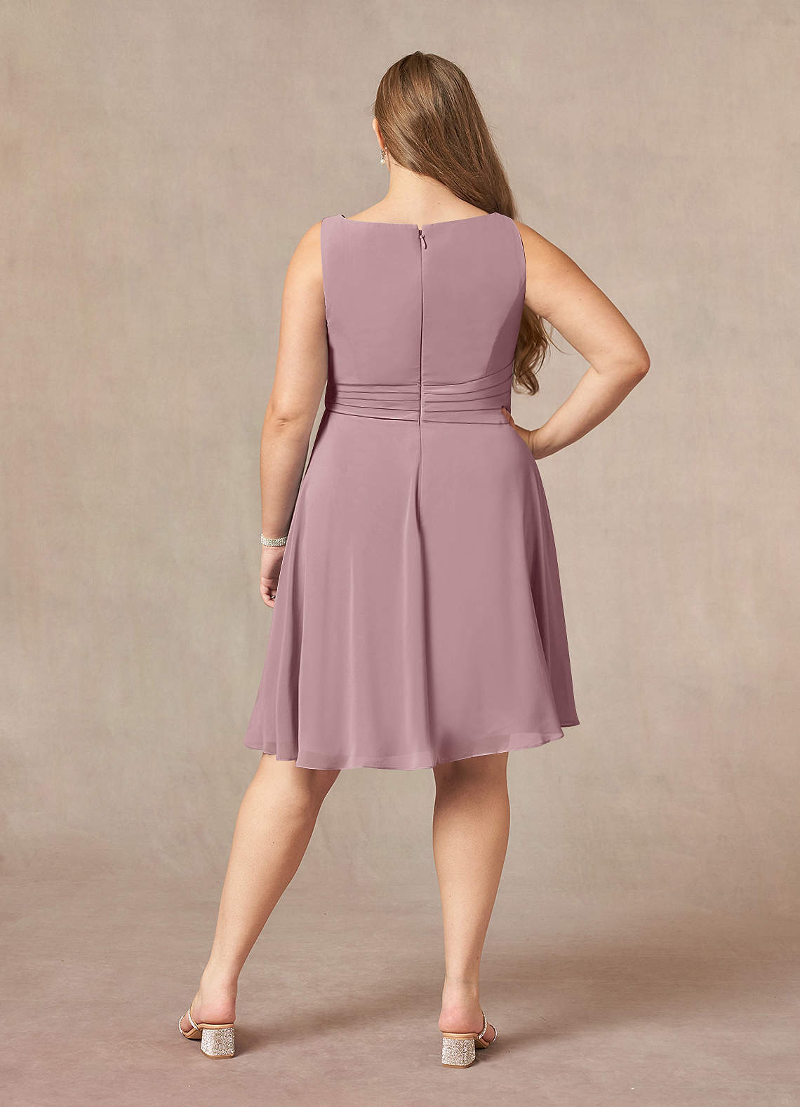 Dusty Rose A-Line Scoop Pleated Chiffon Dress