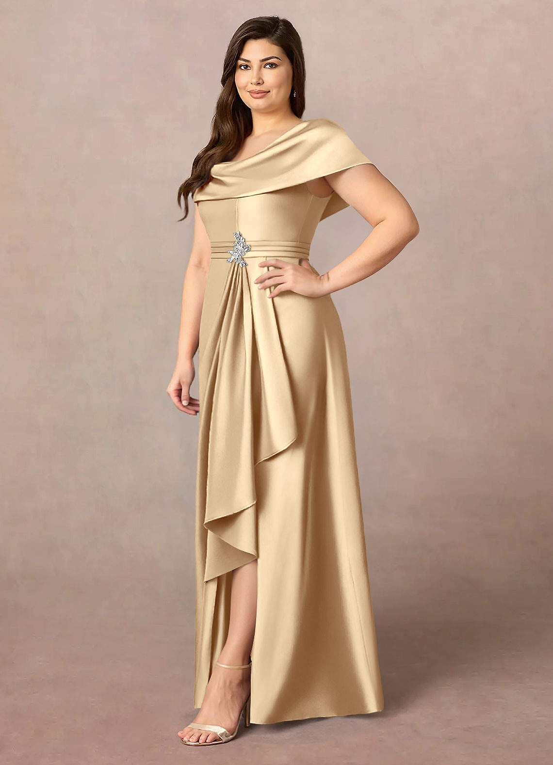 Champagne A-Line Pleated Stretch Satin Dress