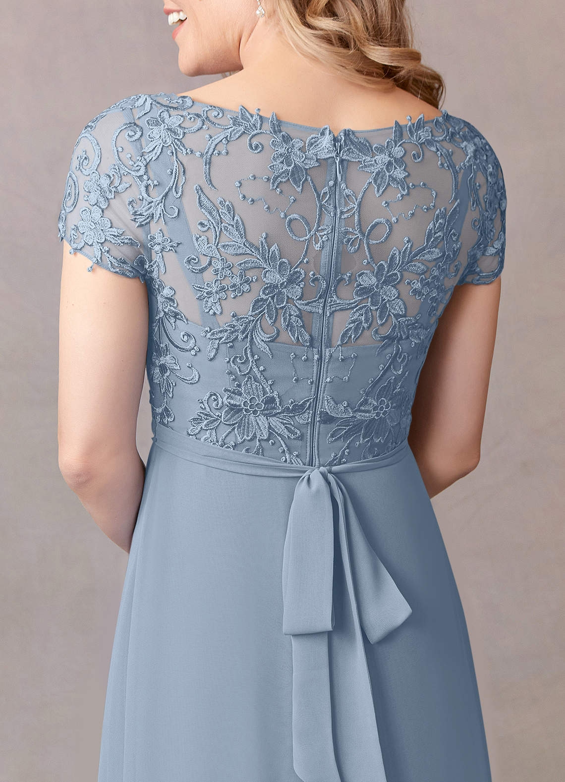 Dusty Blue A-Line Lace Chiffon Dress