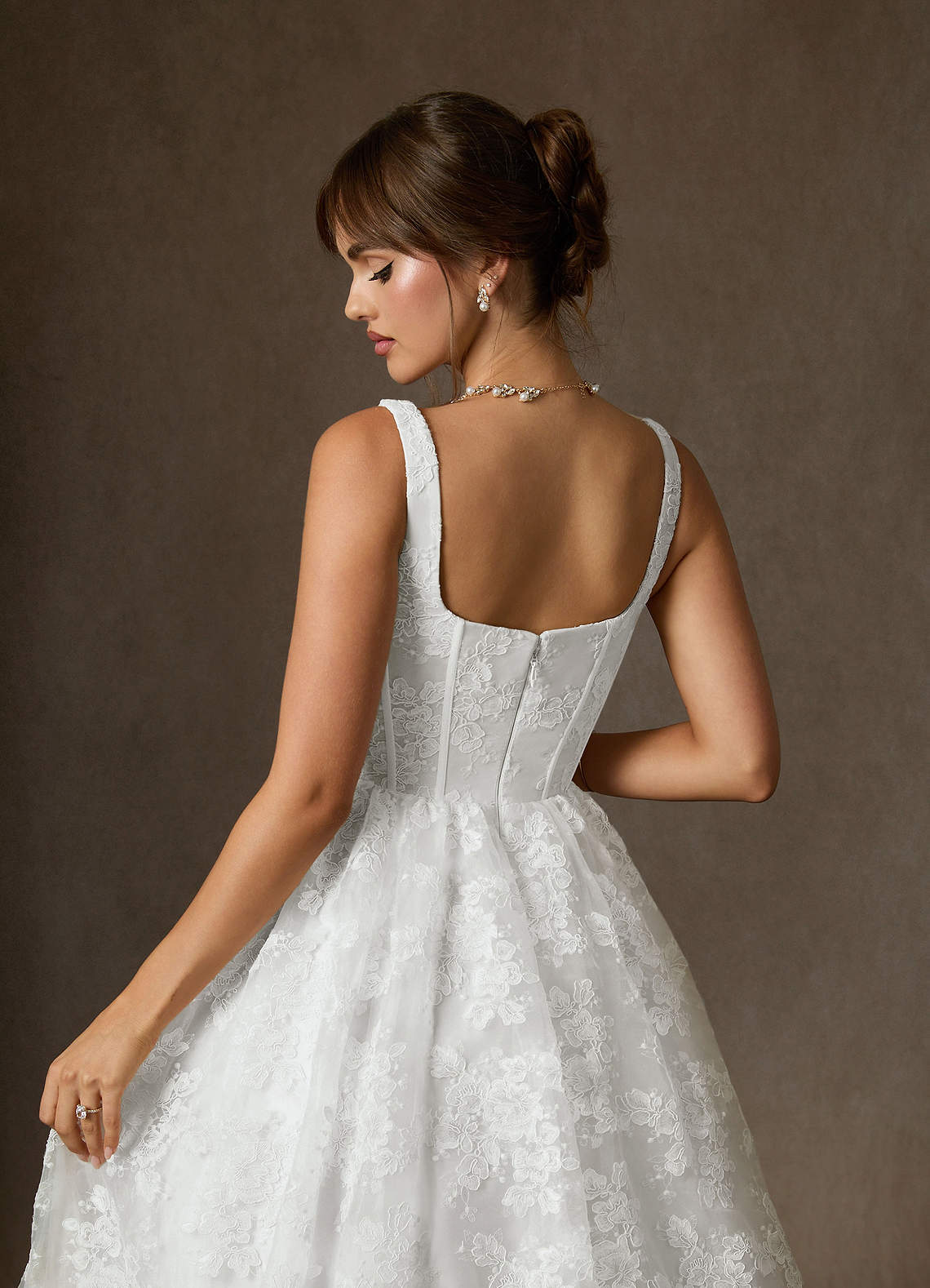 Diamond White Ball-Gown Square Neckline Lace Dress