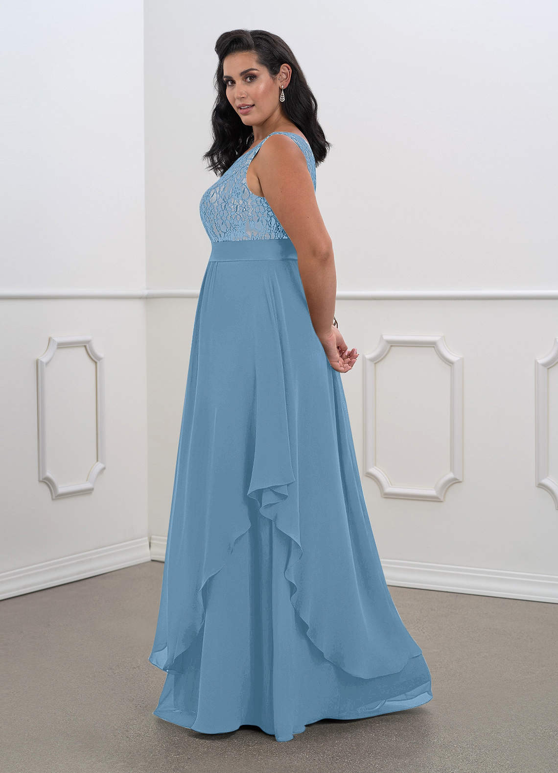 Steel Blue A-Line Lace Chiffon Dress