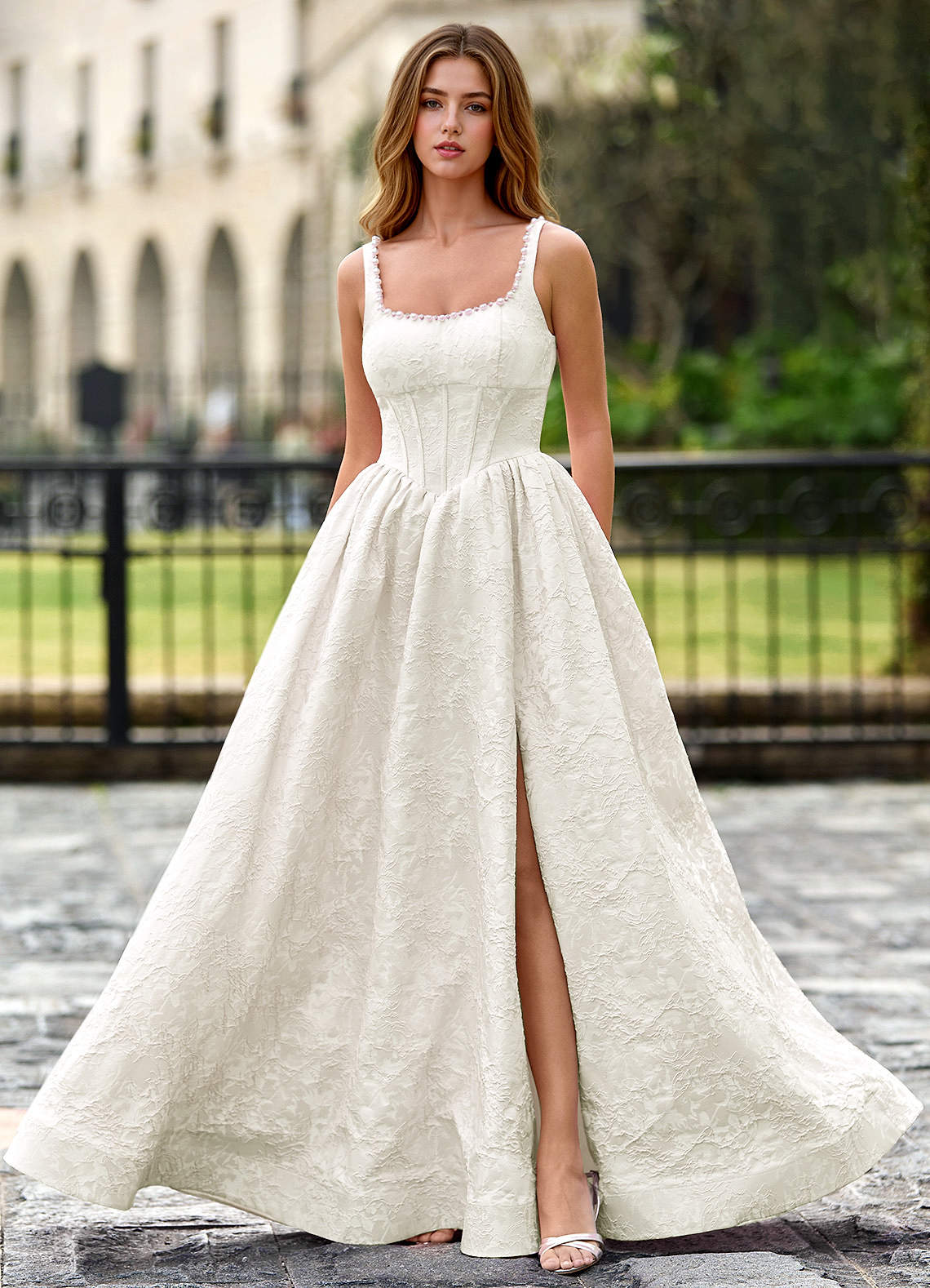 Thyme Cream A-Line 3D Flowers Prom Dress