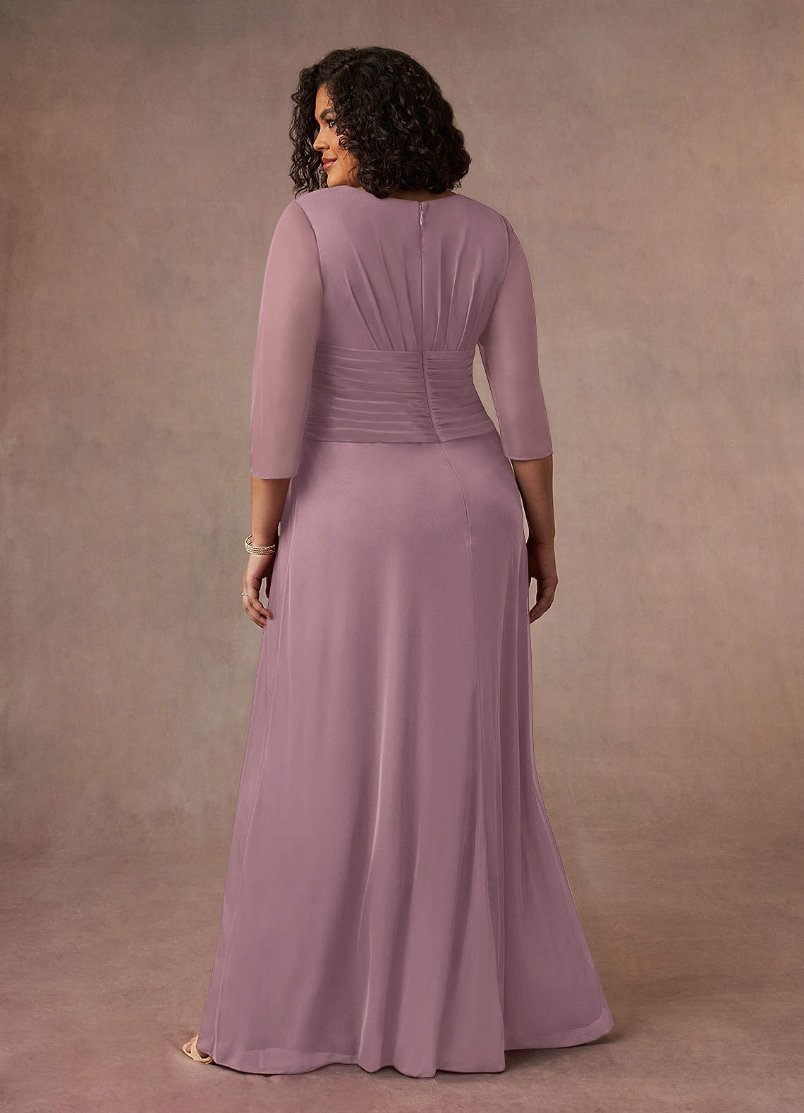 Dusty Rose A-Line V-Neck Pleated Mesh Dress