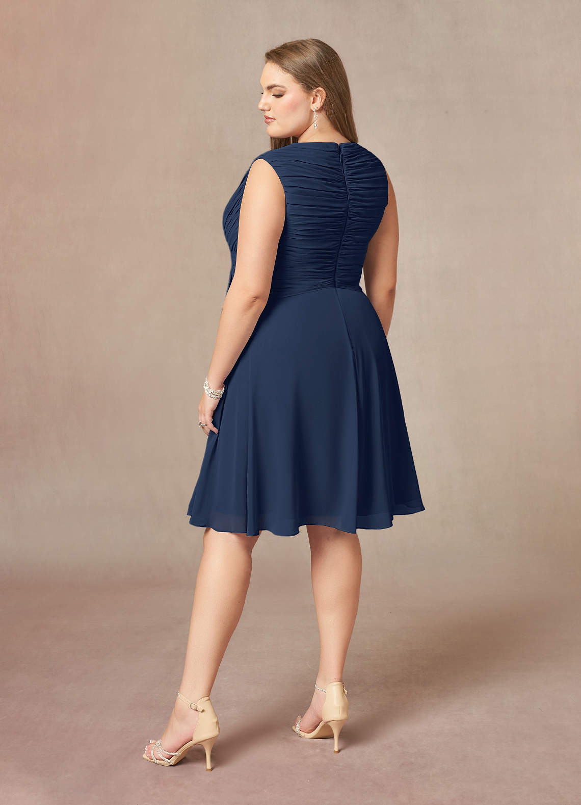 Dark Navy A-Line V-Neck Pleated Chiffon Dress