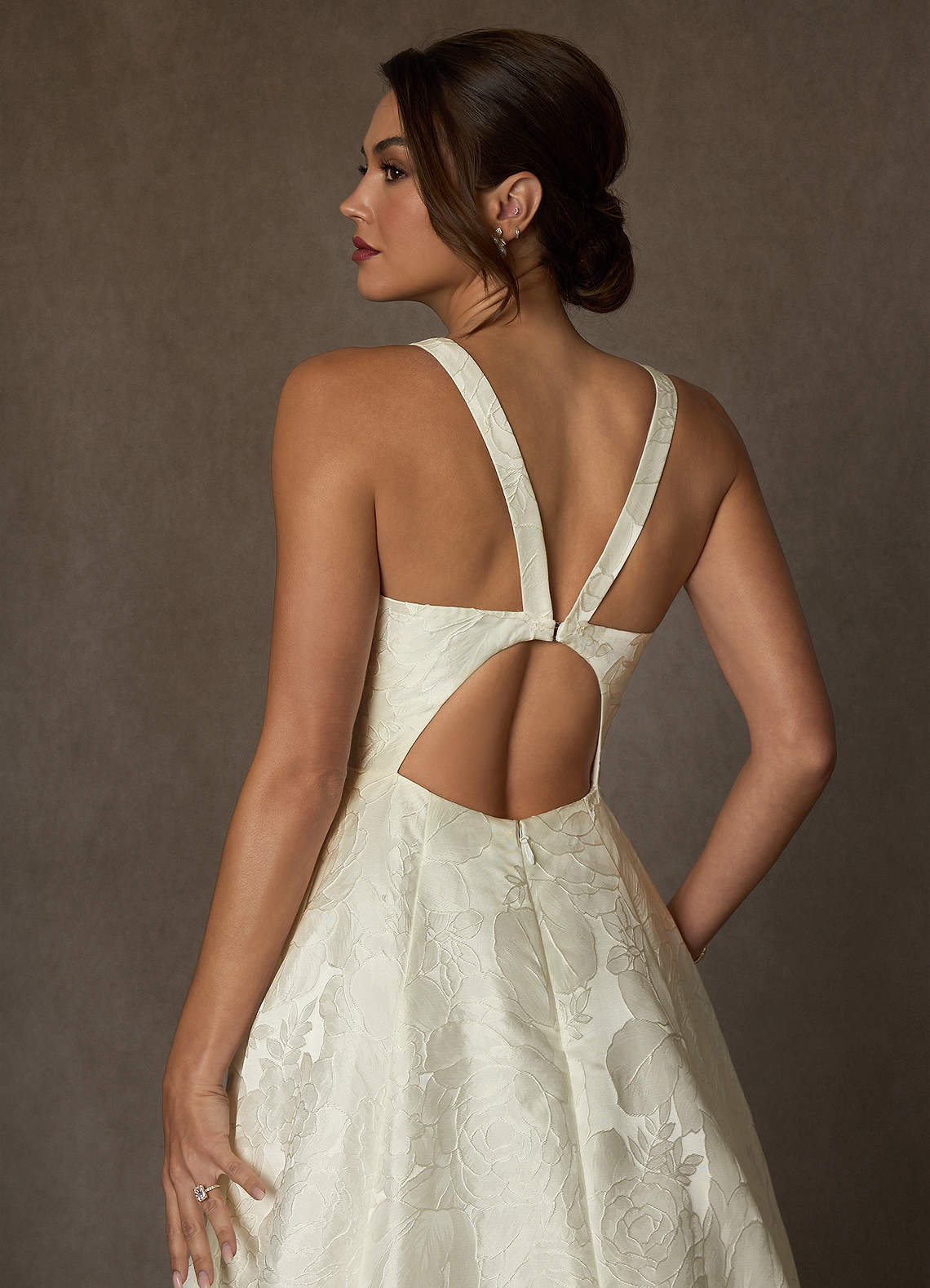 Antique White Ball-Gown Strap Floral Jacquard Dress