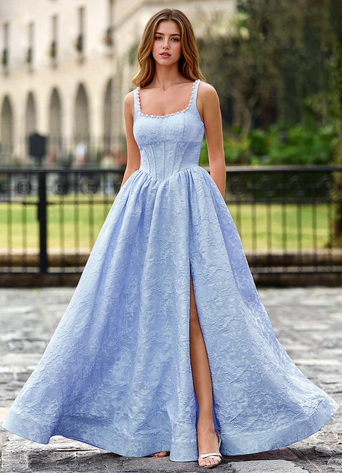 Thyme Sky Blue A-Line 3D Flowers Prom Dress