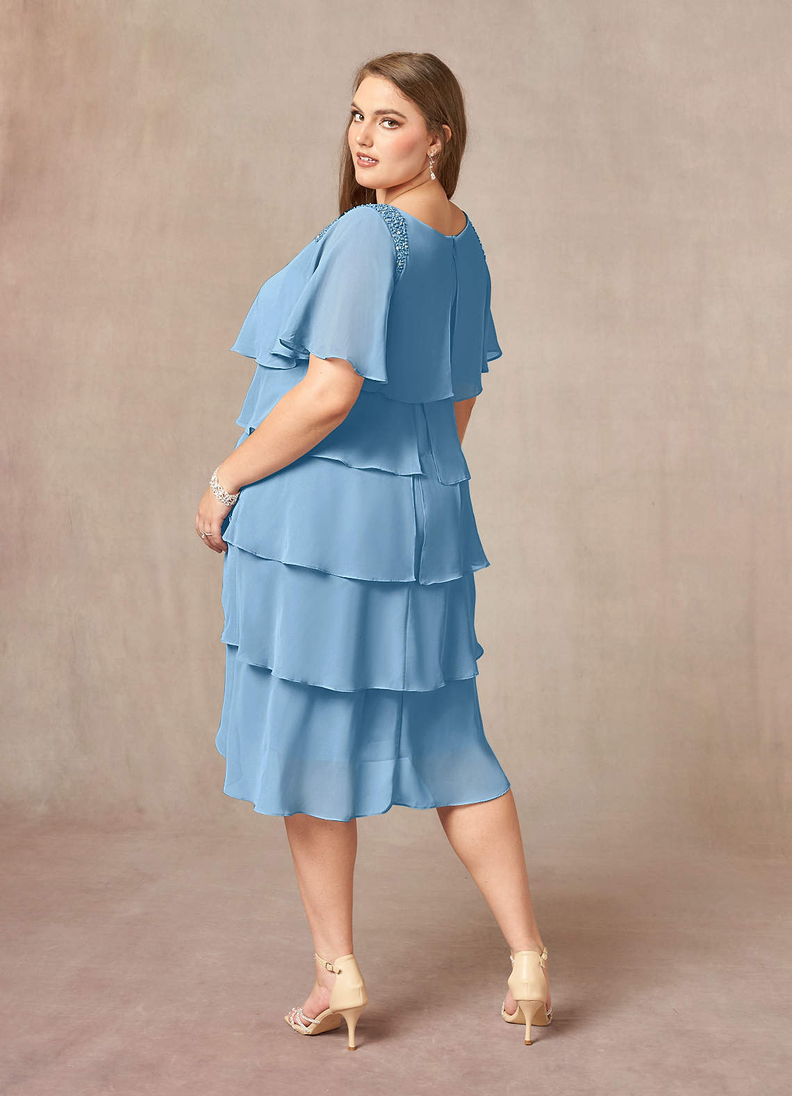 Steel Blue A-Line Scoop Beaded Chiffon Dress