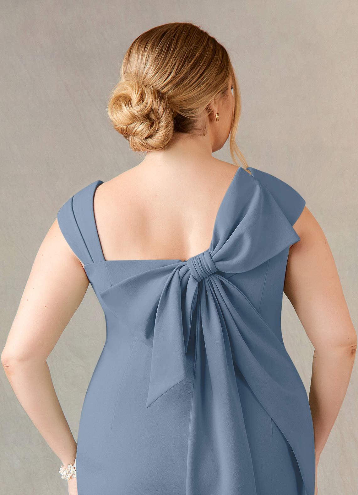 Dusty Blue Sheath Side Slit Stretch Crepe Dress