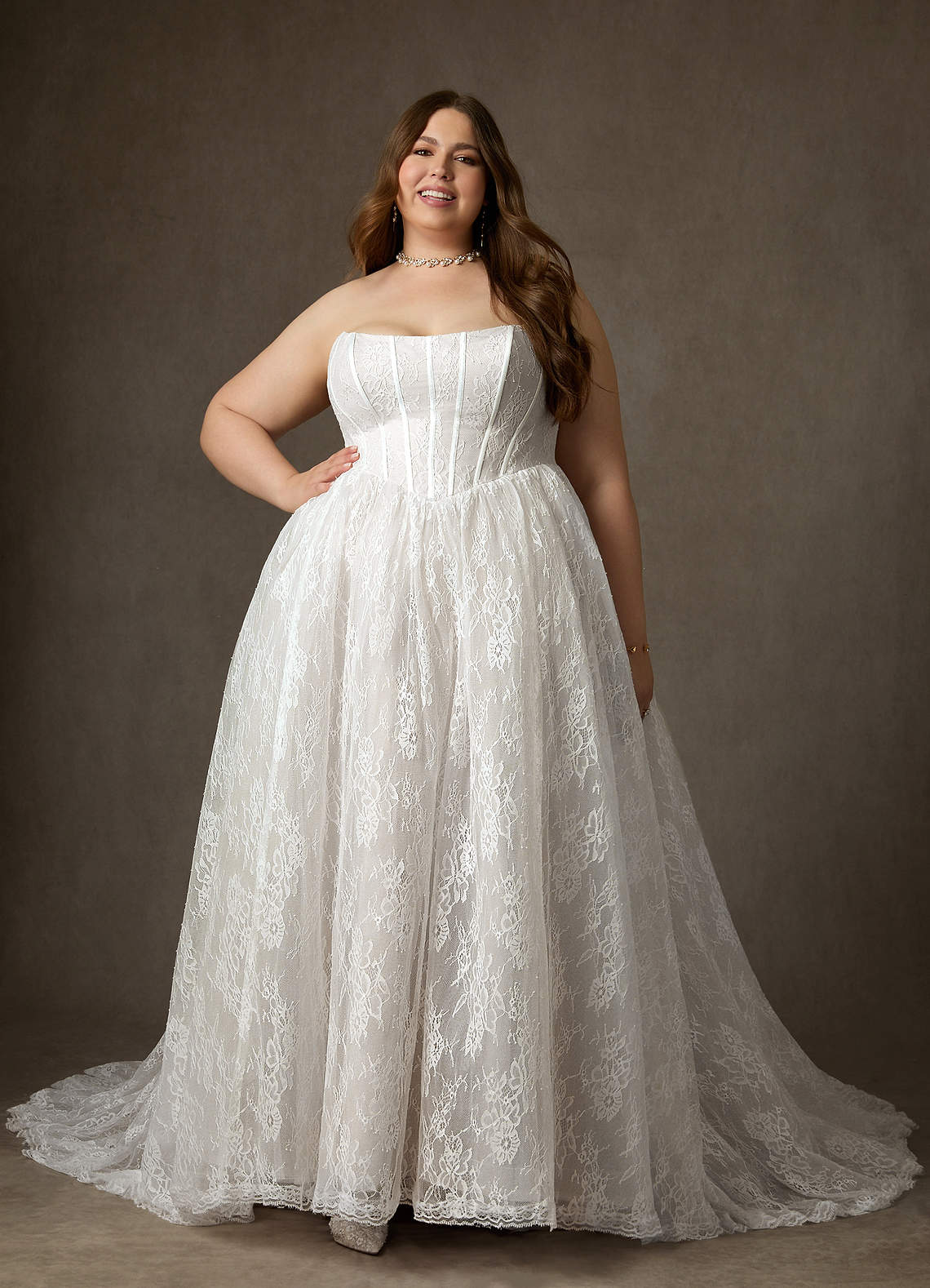 Diamond White Ball-Gown Strapless Lace Dress