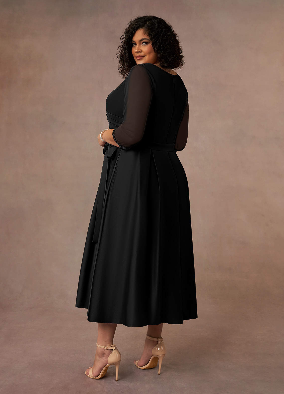 Black A-Line Pleated Matte Satin Dress