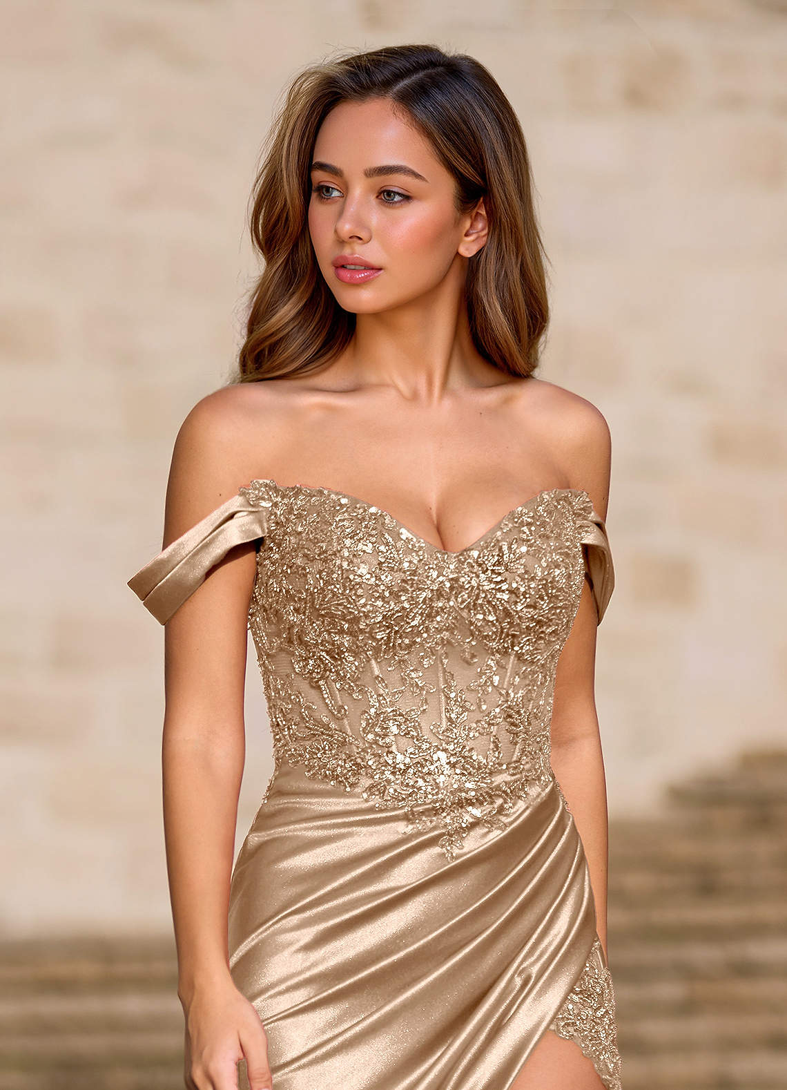 Opulence Champagne Floral Corset Prom Dress Dress
