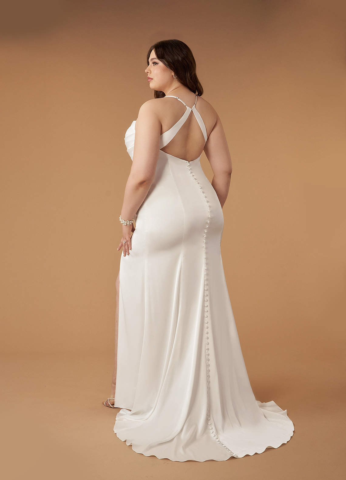 Diamond White Mermaid V-Neck Stretch Satin Dress