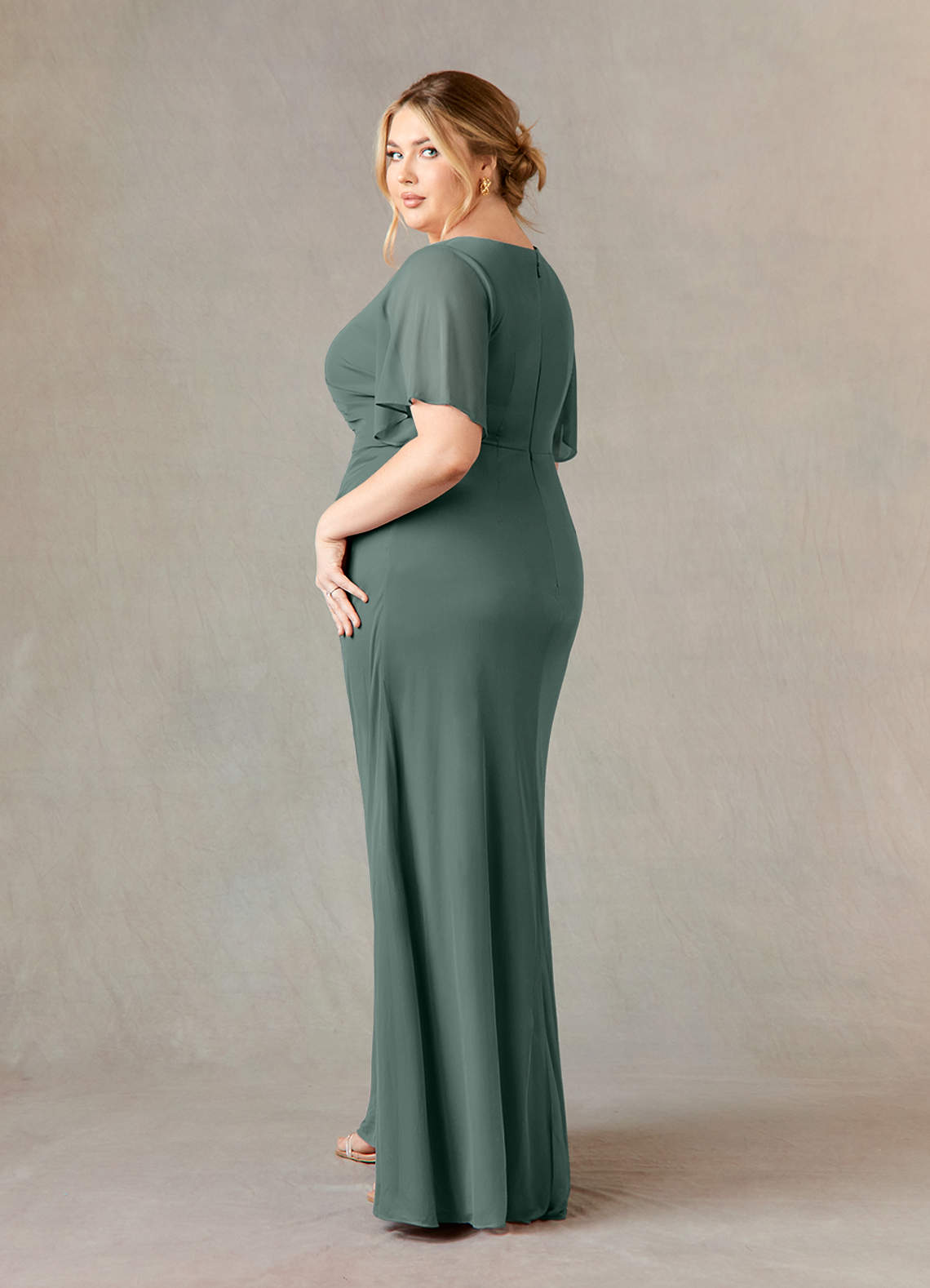 Eucalyptus A-Line V-Neck ruched Mesh Dress