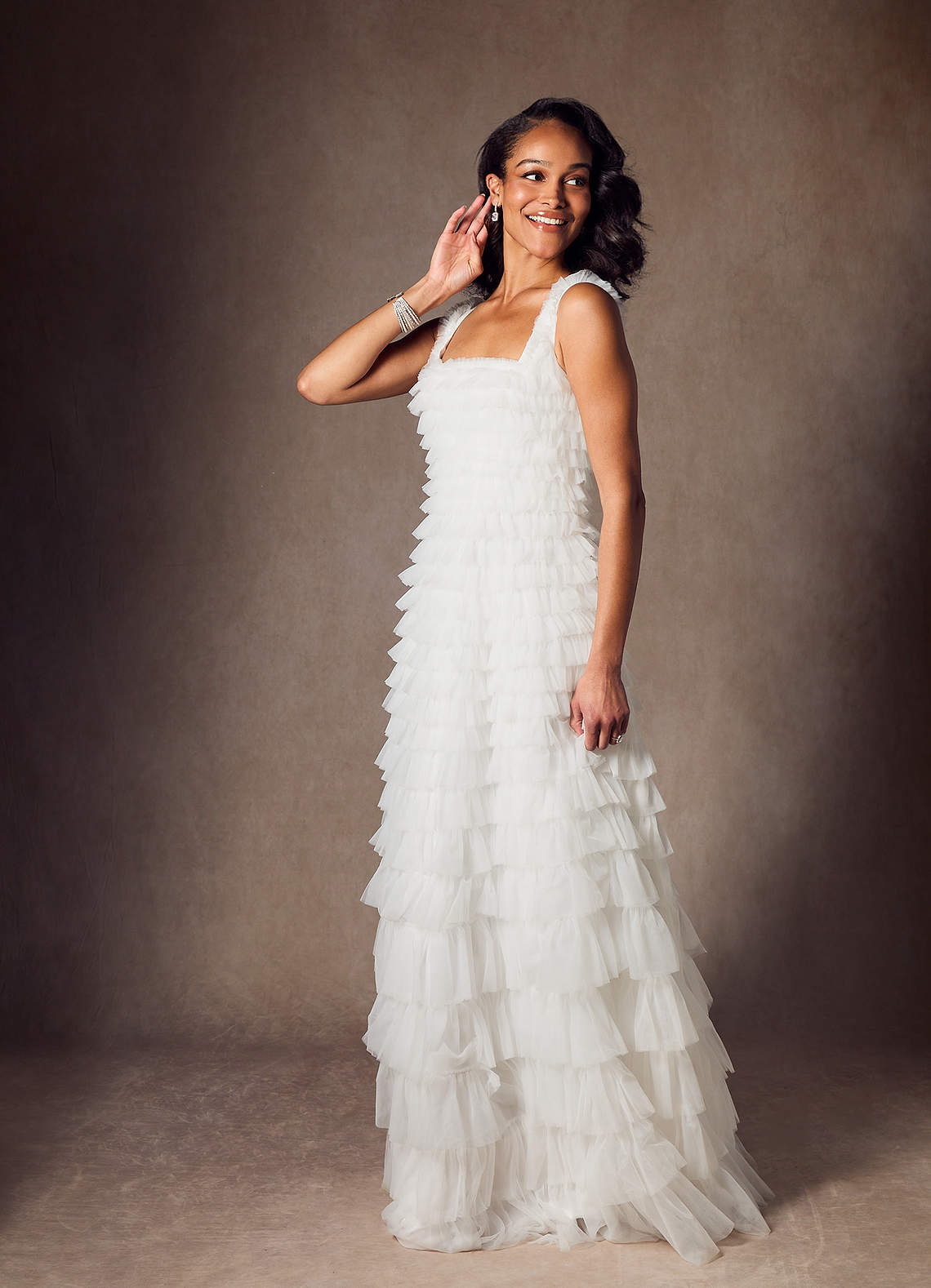 Diamond White A-Line Ruched Tulle Dress