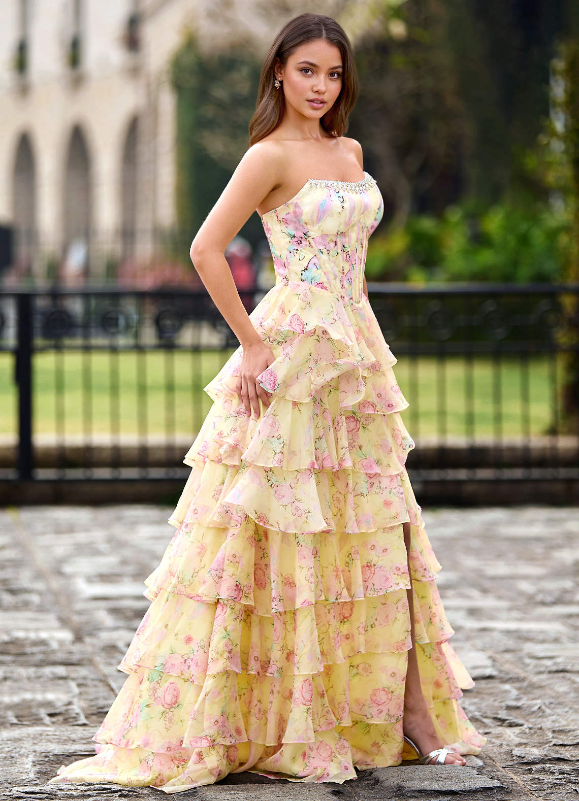 Papapym Yellow Printed Flowers Prom Dress