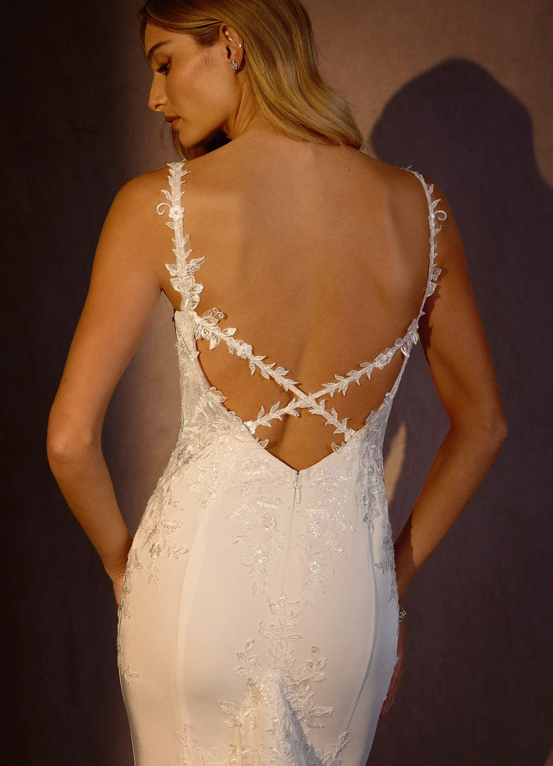Diamond White Mermaid Lace Crepe Back Satin Dress