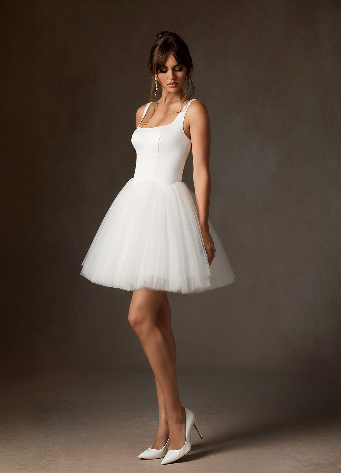 Diamond White A-Line Square Neckline Tulle Dress