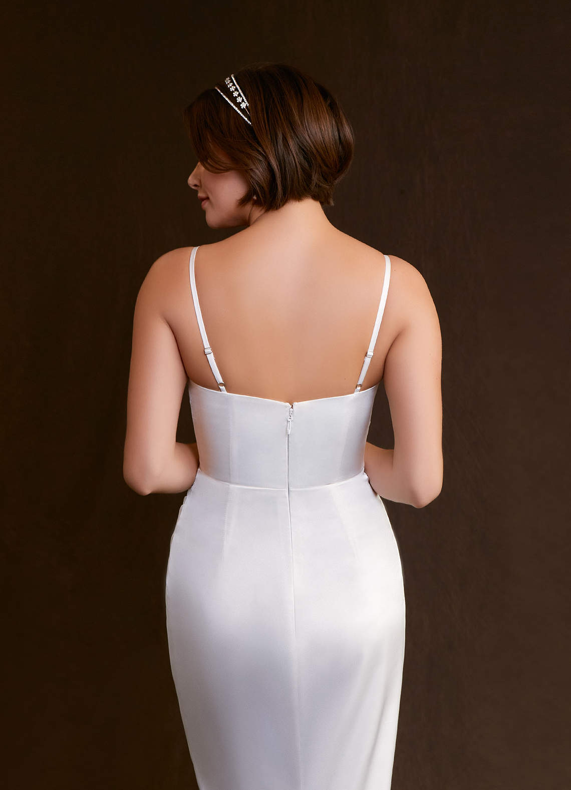 Diamond White Sheath Pleated Stretch Satin Dress