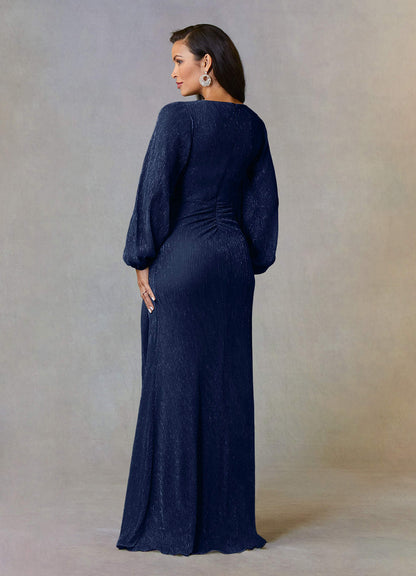 Dark Navy A-Line Ruched Metallic Mesh Dress