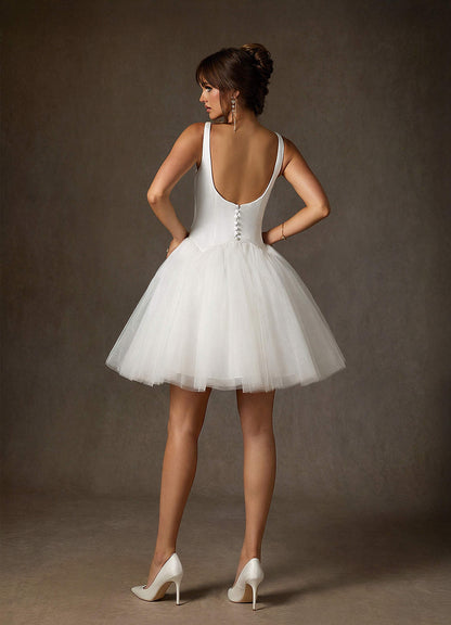 Diamond White A-Line Square Neckline Tulle Dress