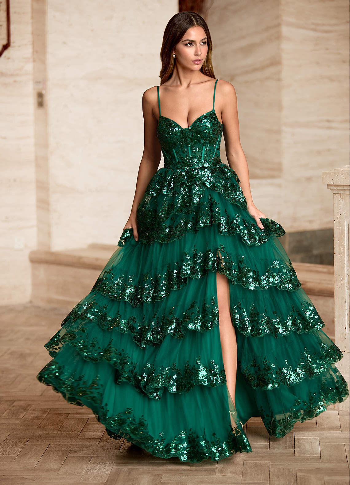 Tindra Green Sequins Ruffles Prom Dress  Dress