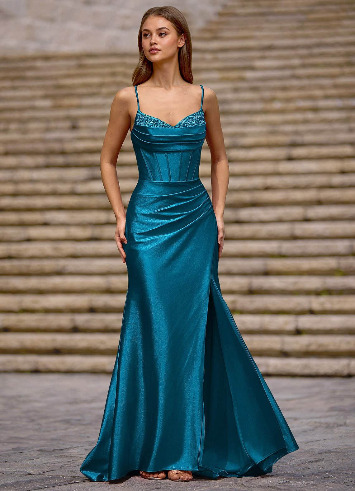 Glow Lake Blue Silk-Like Satin Prom Dress