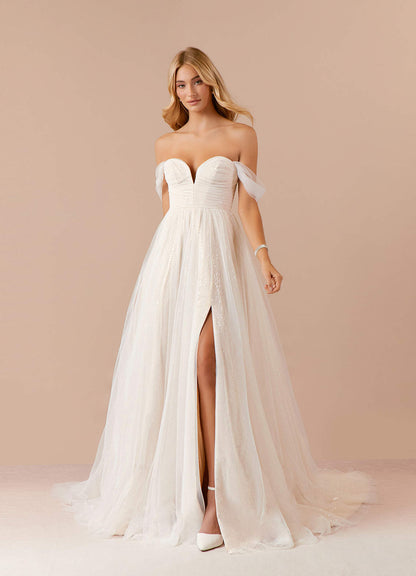 Diamond White Champagne A-Line Off the Shoulder Tulle Dress