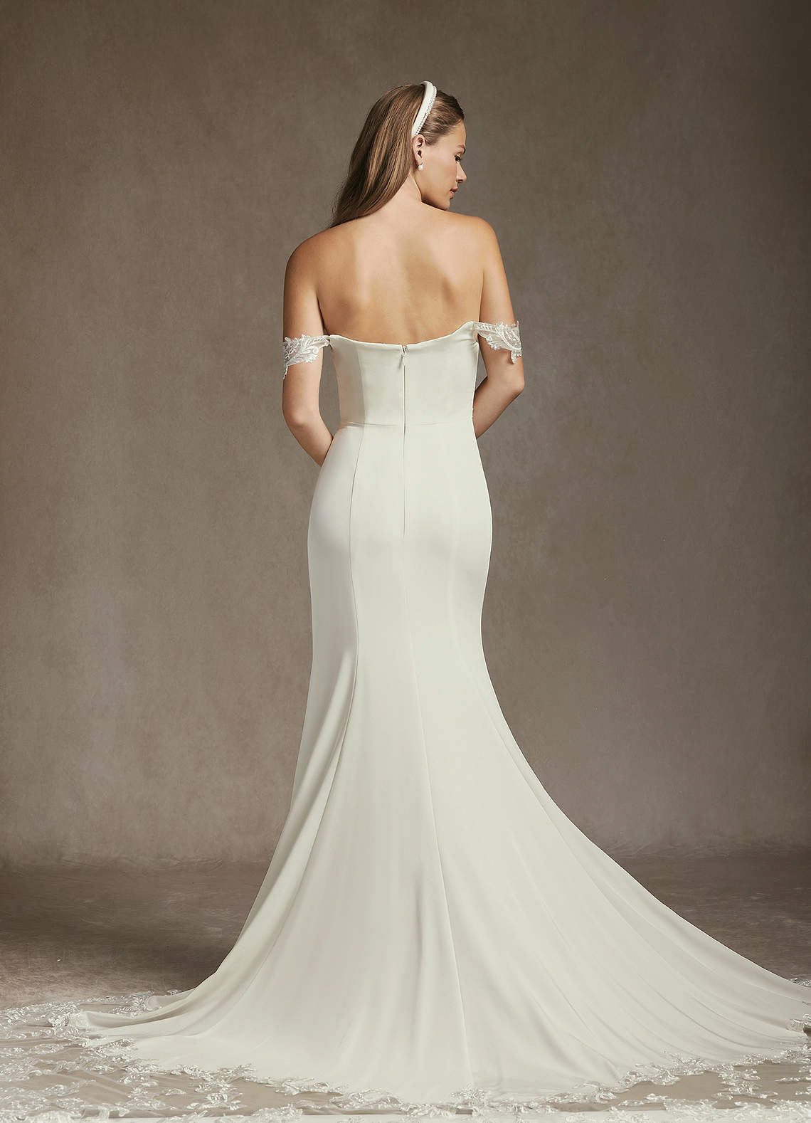 Cream Mermaid Off-The-Shouler Sequins Crepe Back Satin Dress