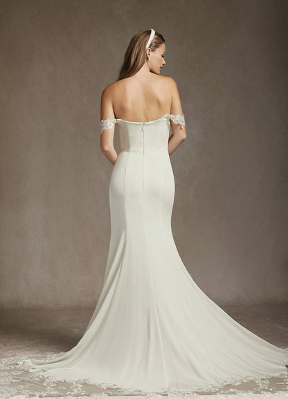Cream Mermaid Off-The-Shouler Sequins Crepe Back Satin Dress