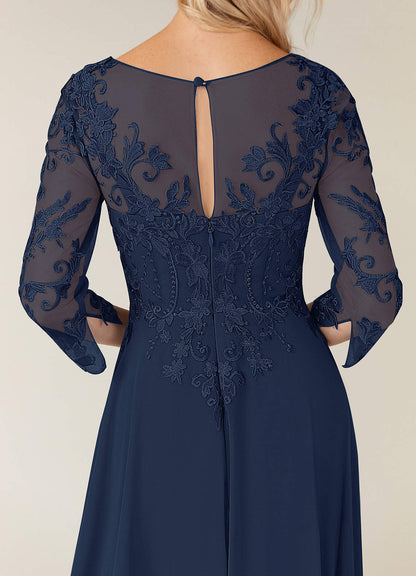 Dark Navy A-Line V-Neck Lace Chiffon Dress