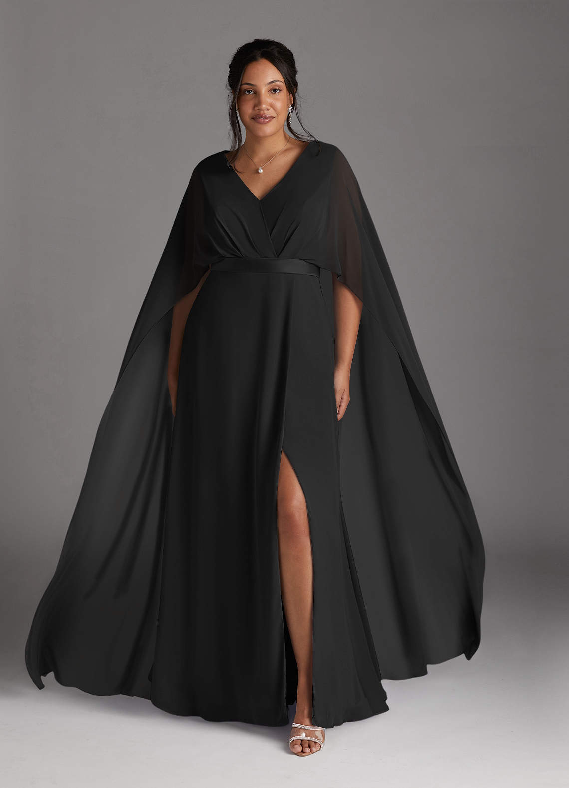 Black A-Line V-Neck Pleated Chiffon Dress