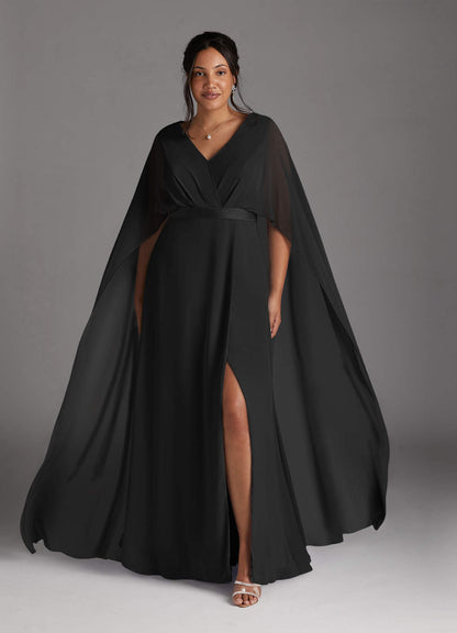 Black A-Line V-Neck Pleated Chiffon Dress